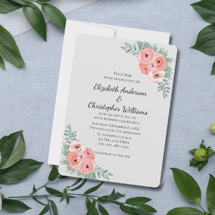 Elegante rosa und graue florale Wasserfarben-Hochz Einladung