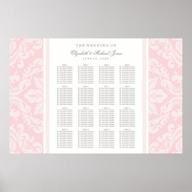 Elegante Rosa und Gray Damask Hochzeitssitze Poster (Vorne)