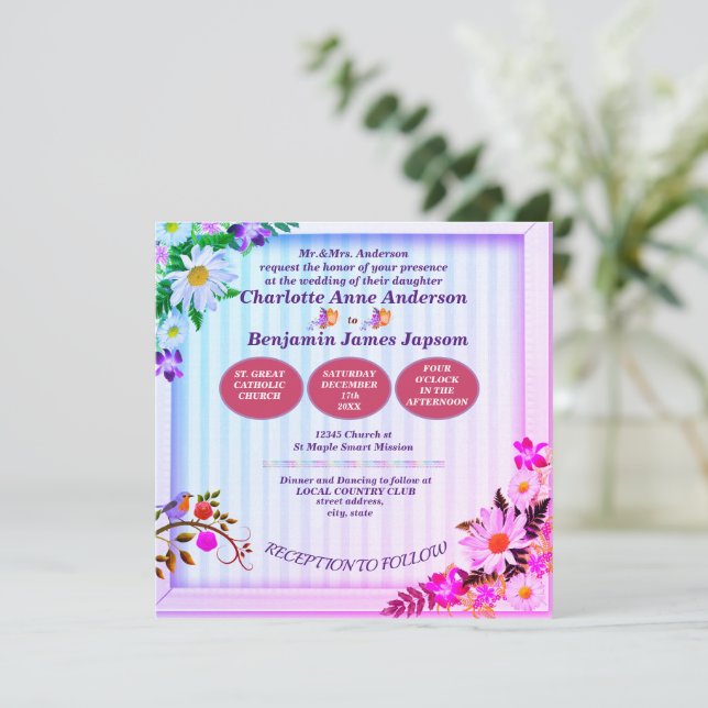 Elegante Rosa- und Grünblütenhochzeit Einladung (Stehend Vorderseite)