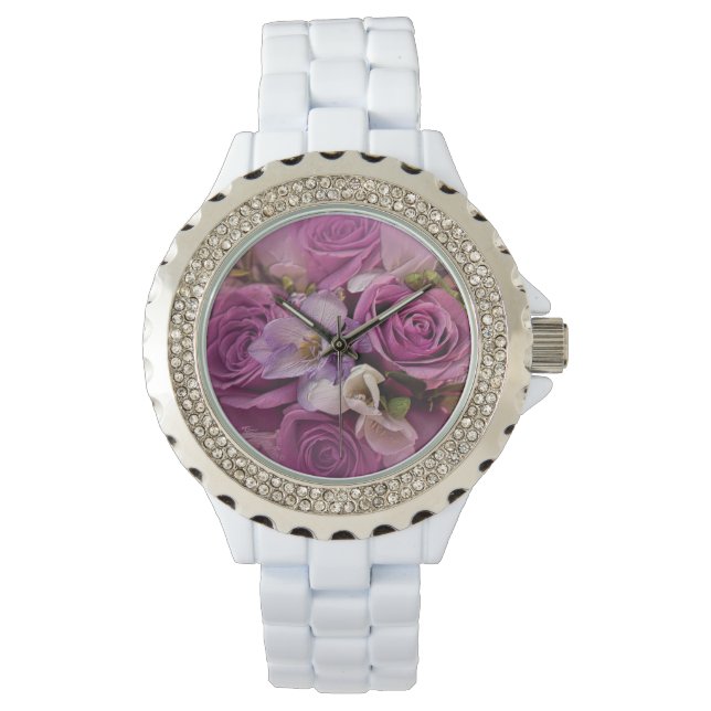 Elegante rosa und Lila Rose Bouquet Watch Armbanduhr (Vorderseite)