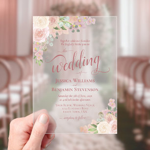 Elegante rosa und mauve Boho-Chic-Rosen Hochzeit Acryleinladungen