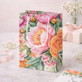 Elegante rosa und orange Pfingstrosen-Blumengesche Mittlere Geschenktüte