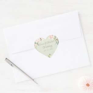 Elegante rosa und pastellgrüne florale Hochzeit  Herz-Aufkleber