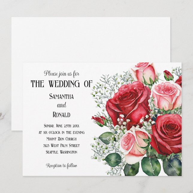 Elegante Rosa und Rosa Roses Einladung zur Hochzei (Vorne/Hinten)