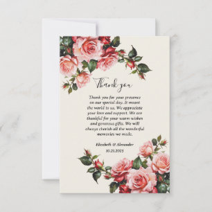 Elegante Rosa und rote Rosen Hochzeit mit Blumenbe Dankeskarte