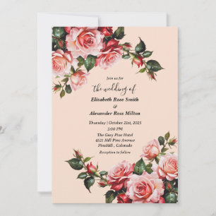 Elegante Rosa und rote Rosen Hochzeit mit Blumenbe Einladung