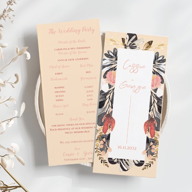 Elegante Rosa- und Schwarze Florale Hochzeitsprogr Einladung (Elegant Blush & Black Floral Wedding Program Card)