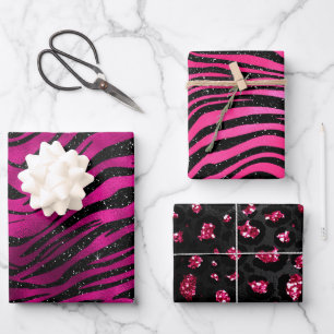 Elegante rosa und schwarze Glitter-Glamour-Muster Geschenkpapier Set