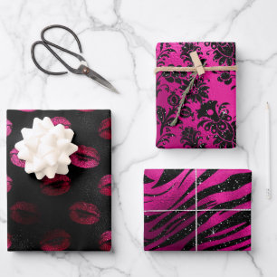 Elegante rosa und schwarze Glitter Glamouröse Must Geschenkpapier Set