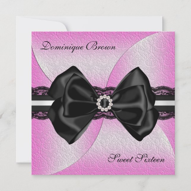 Elegante rosa und Schwarze laden mit Diamant-Bogen Einladung (Vorderseite)