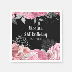 Elegante rosa und silberne Blumen Geburtstagsfeier Serviette