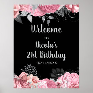 Elegante rosa und silberne Blumen Geburtstagsparty Poster