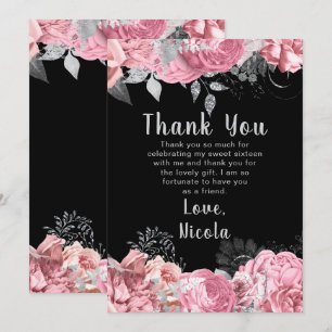 Elegante rosa und silberne Blumen Sweet Sixteen Dankeskarte