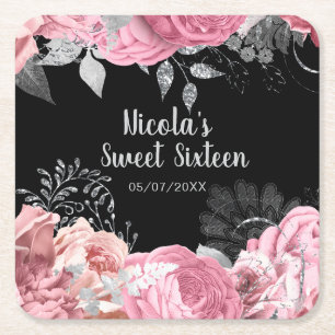 Elegante rosa und silberne Blumen Sweet Sixteen Rechteckiger Pappuntersetzer