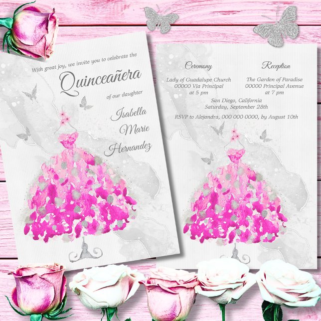 Elegante Rosa und Silberschmetterlinge Quinceañera Einladung (Von Creator hochgeladen)