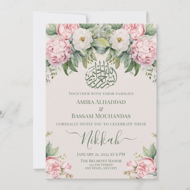 Elegante rosa und weiße, florale Muslime Nikkah Einladung (Vorderseite)