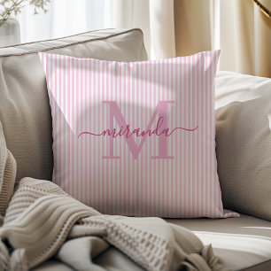 Elegante rosa und weiße Streifen mit Monogramm-Nam Kissen