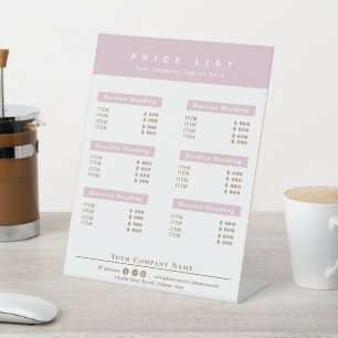 Elegante Rosa- und Weißservice-Menü Preisliste Sockelschild