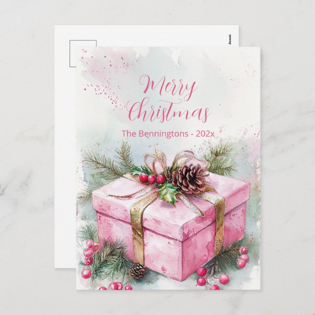 Elegante Rosa Vintage Weihnachten Postkarte (Vorne/Hinten)