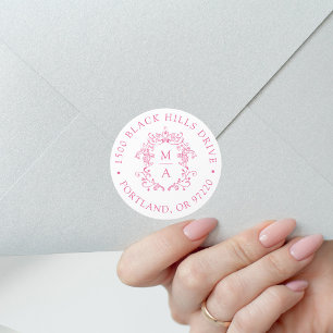 Elegante rosa Wappen-Rücksendeadresse zur Hochzeit Runder Aufkleber