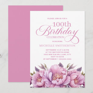 Elegante rosa Wasserfarbe Blumen 100. Geburtstag Einladung