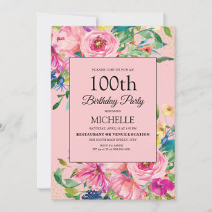 Elegante rosa Wasserfarbe Blumen Geburtstag Einladung