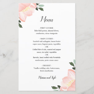 Elegante rosa Wasserfarbe Blumen Hochzeitsmenü