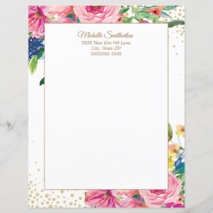 Elegante rosa Wasserfarbe Floral Glitter Briefkopf