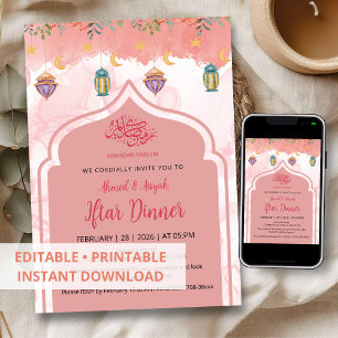 Elegante rosa Wasserfarbe-Floral-Iftar-Dinner Einladung