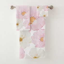 Elegante rosa Wasserfarbe Florale Blüten Sommer Badhandtuch Set