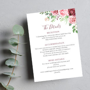 Elegante rosa Wasserfarbe florale Hochzeitsdetails Begleitkarte