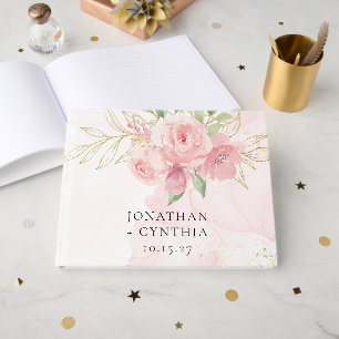 Elegante rosa Wasserfarbe goldene Blumenhochzeit Gästebuch