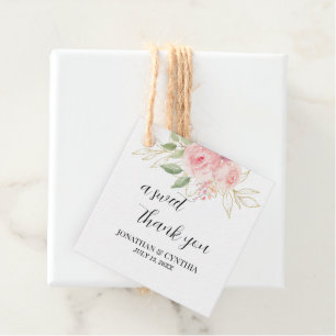Elegante rosa Wasserfarbe goldene Blumenhochzeit Geschenkanhänger