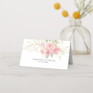Elegante rosa Wasserfarbe goldene Blumenhochzeit Platzkarte