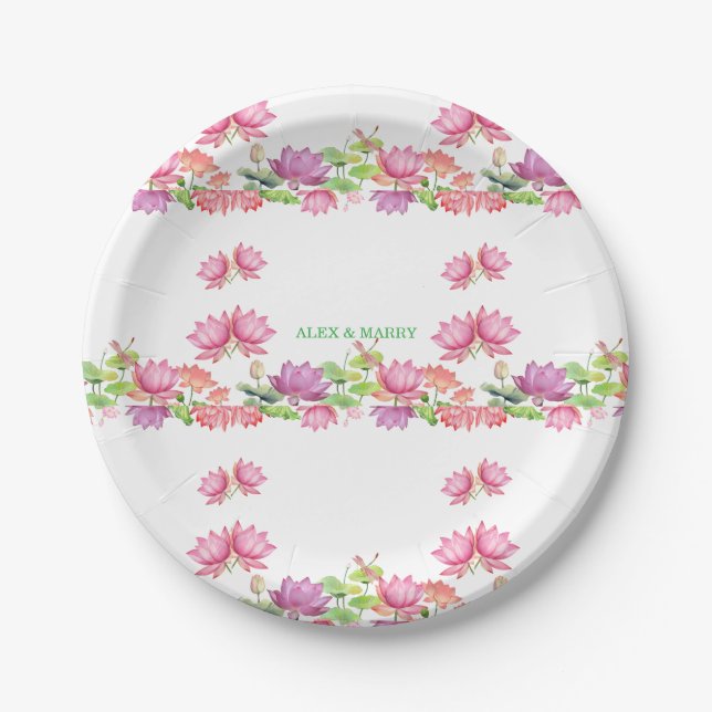 Elegante rosa Wasserfarbe Lotus-Blume Pappteller (Vorderseite)