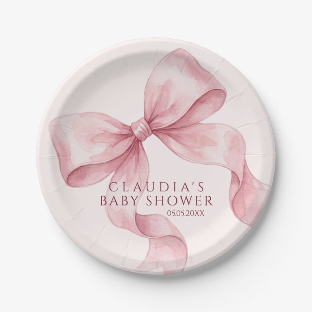 Elegante rosa Wasserfarbe Schleife Babyparty Pappteller (Vorderseite)