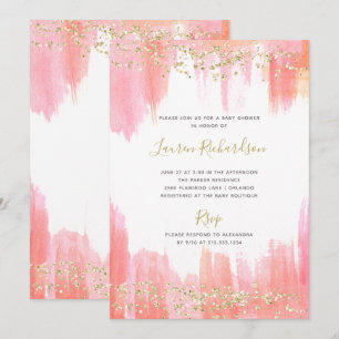 Elegante rosa Wasserfarbe und Gold Babyparty Einladung