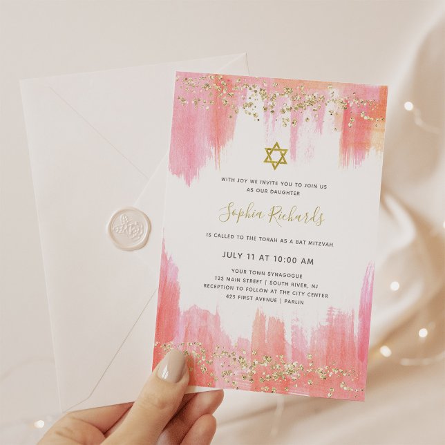 Elegante rosa Wasserfarbe und Gold | Bat Mitzvah Einladung (Von Creator hochgeladen)