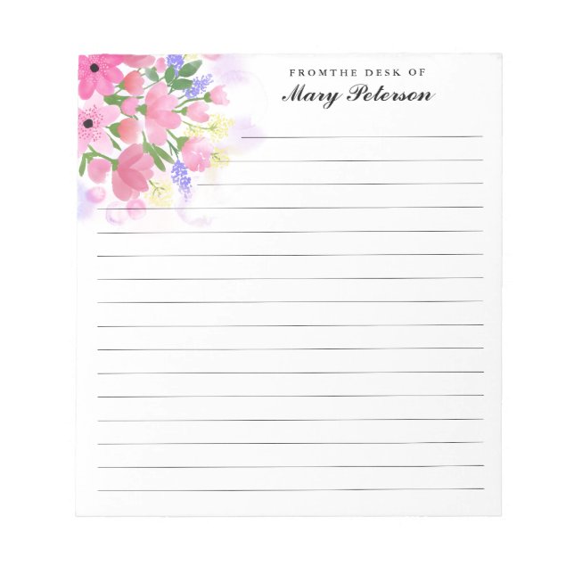 Elegante, rosa Wasserfarben Blume Personalisiert Notizblock (Vorderseite)