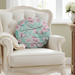 Elegante rosa Wasserfarben Kirschblüten am Eingang Rundes Kissen