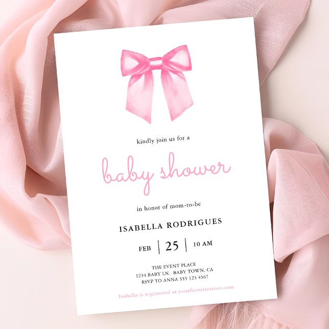 Elegante rosa Watercolor Bow Babydusche Einladung (Invite shown in 5 x 7 inches, choose size, paper and corner style. Buy print or digital invitations.)