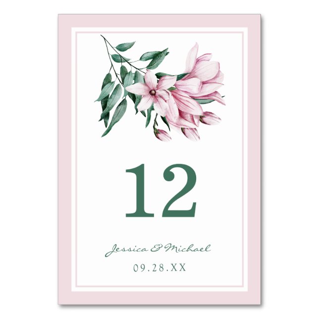 Elegante Rosa Watercolor Magnolia Hochzeit der Blu Tischnummer (Vorderseite)