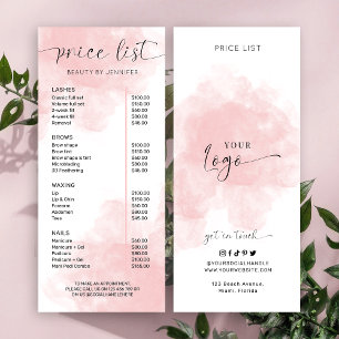 Elegante Rosa Watercolor Schönheitspreisliste Werbekarte