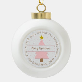 Elegante Rosa Weihnachtsbaum & Golden Star Snowy Keramik Kugel-Ornament