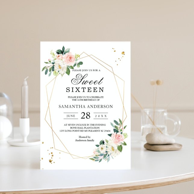 Elegante Rosa & Weiß Blume Goldfallen Einladung (Von Creator hochgeladen)