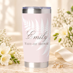 Elegante Rosa Weiß Farn Brautjungfer Thermobecher