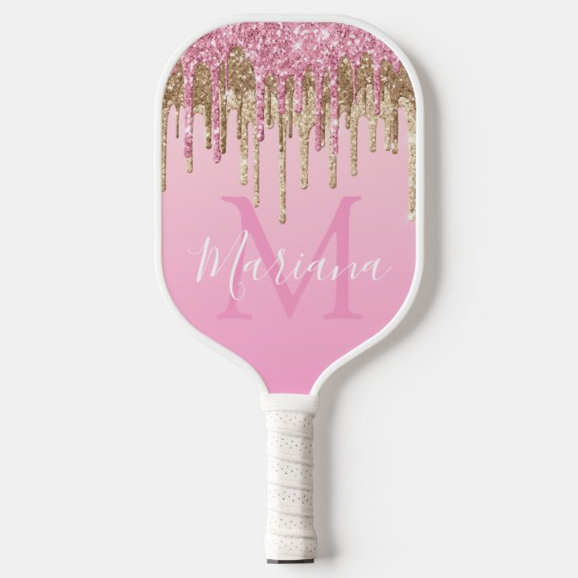 elegante Rosa-Weiß-Goldtropfen Glitzer Luxus Pickleball Schläger (Vorderseite)