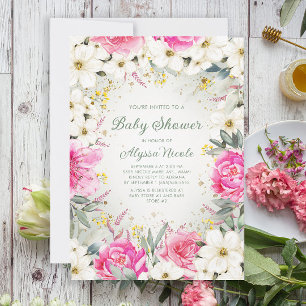 Elegante rosa weiße Blumen Glitter Baby Shower Ein Einladung