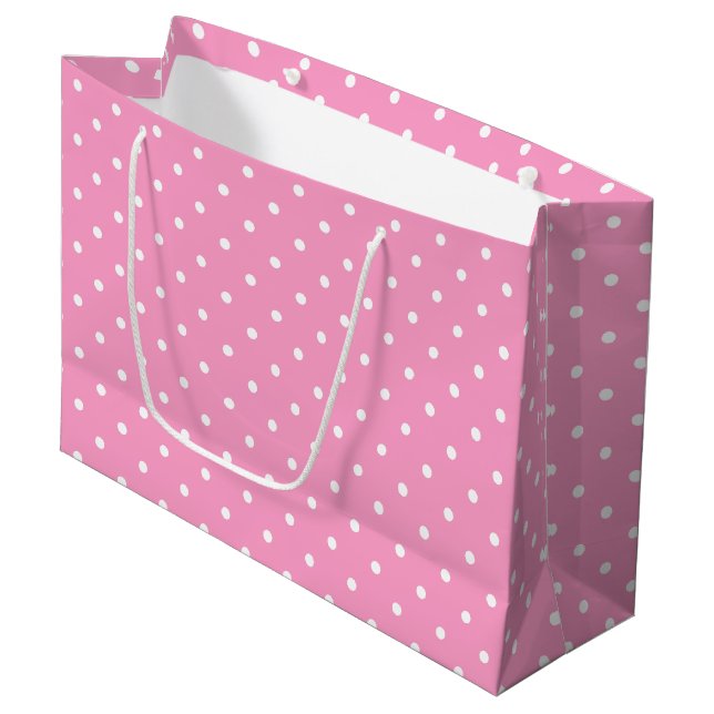Elegante rosa weiße Polka punktierte Schablone Große Geschenktüte (Vorderseite Schrägansicht)