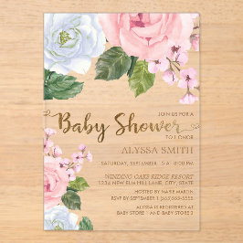 Elegante Rosa Weiße Rose Script Babydusche Acryleinladungen